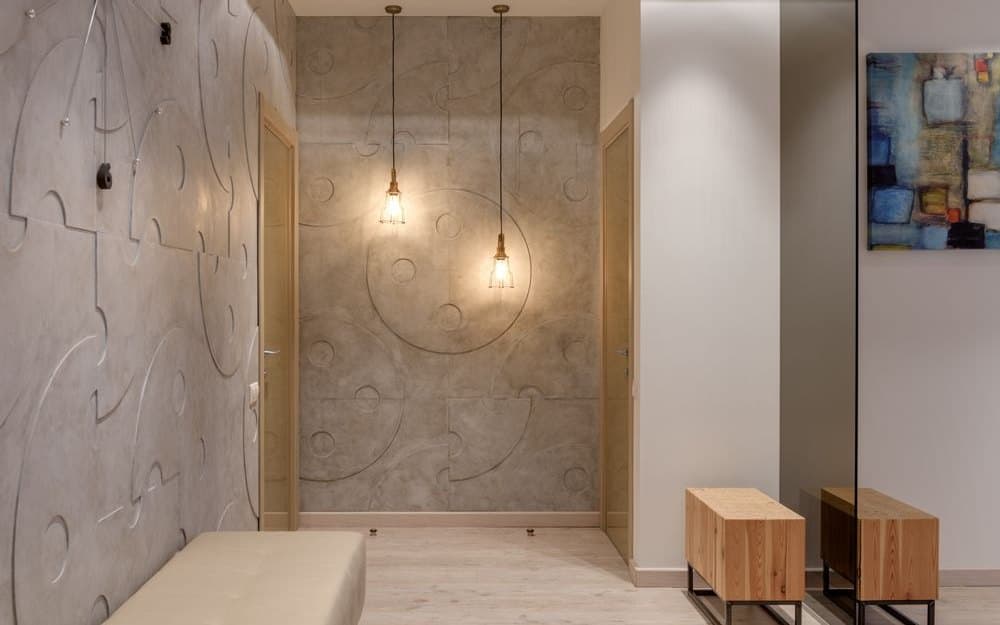 Concrete-look wall finish in a hallway